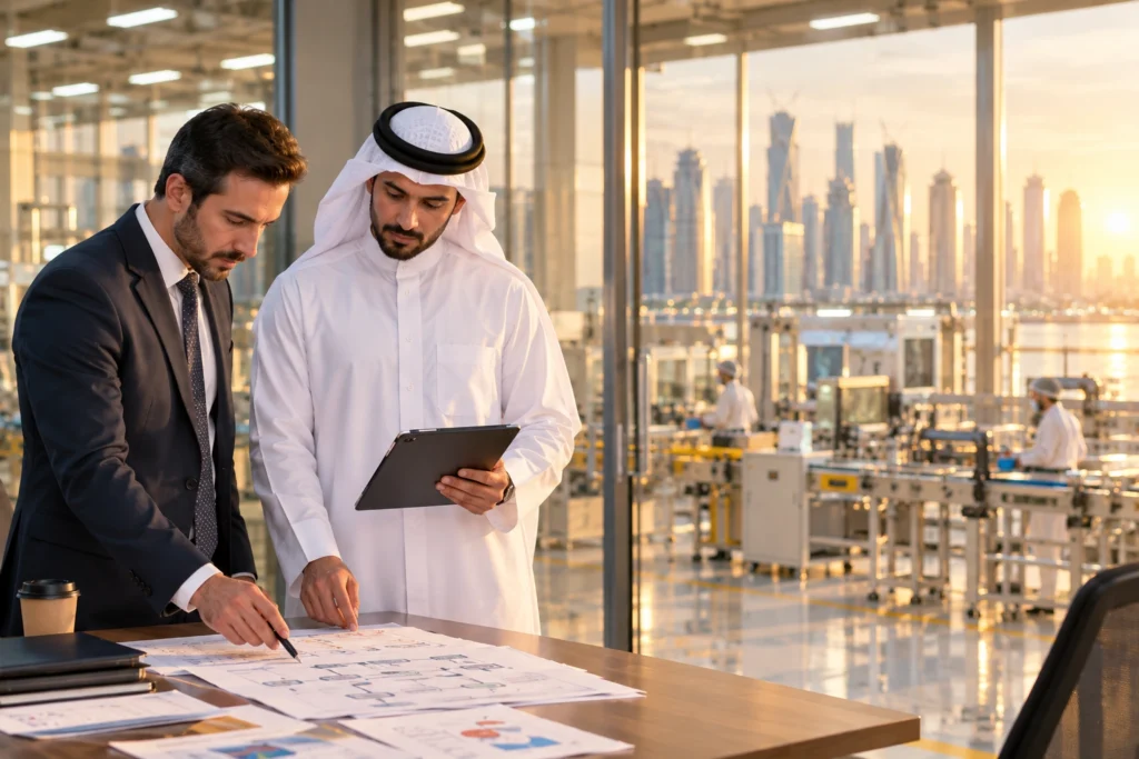 مدقق جودة يراجع قائمة فحص ISO 9001 داخل منشأة صناعية في قطر